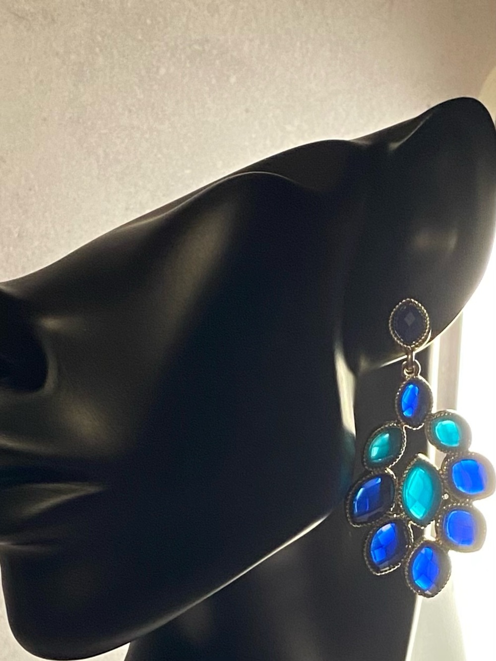 Erica Lyons Gold Blue Green Stained Glass Style Translucent Statement Earrings